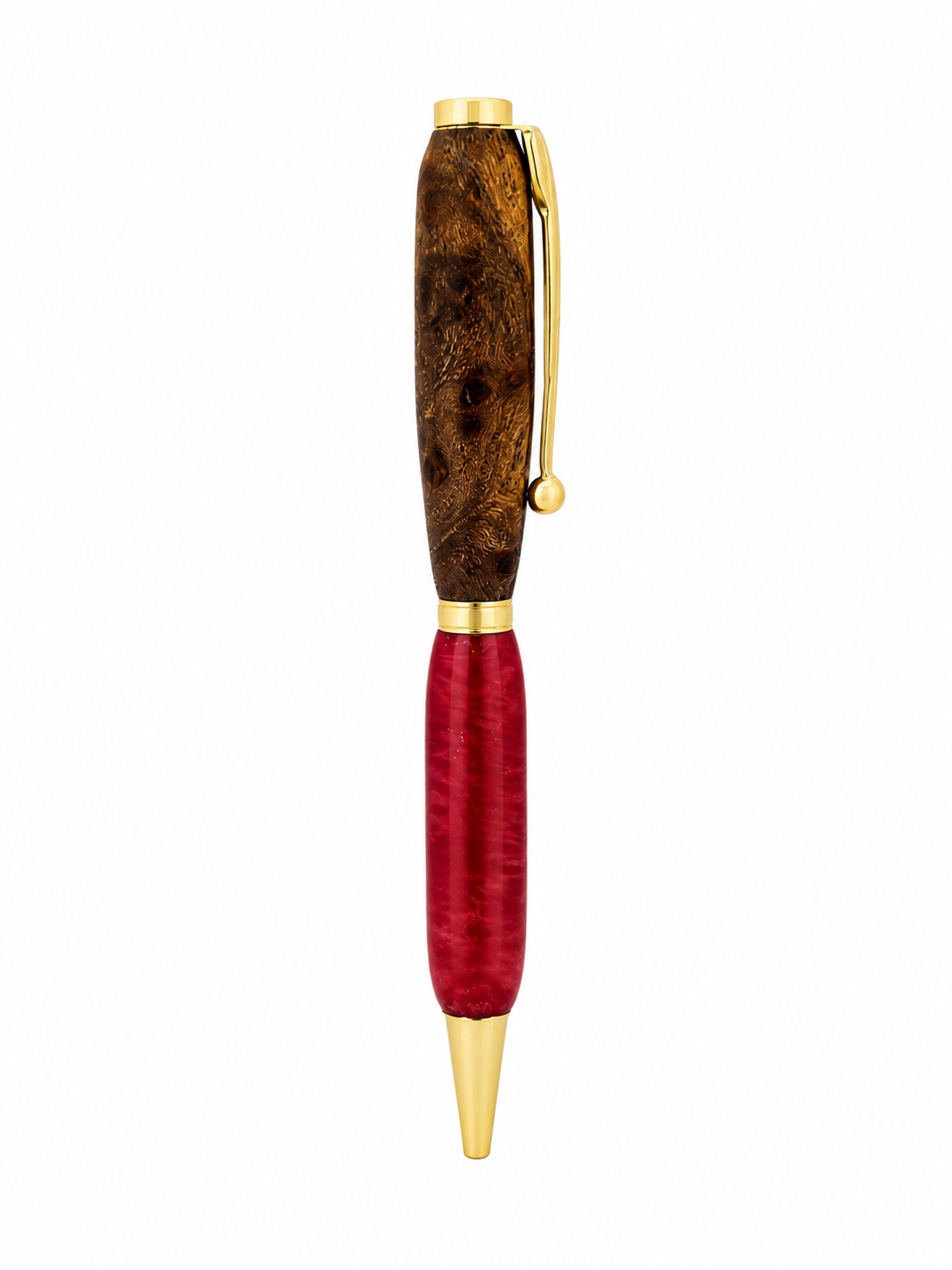 One-of-a-Kind Red Epoxy & Burl Wood Pen | Handmade Luxury Ballpoint Pen | Gold Executive Twist Pen - Image 3
