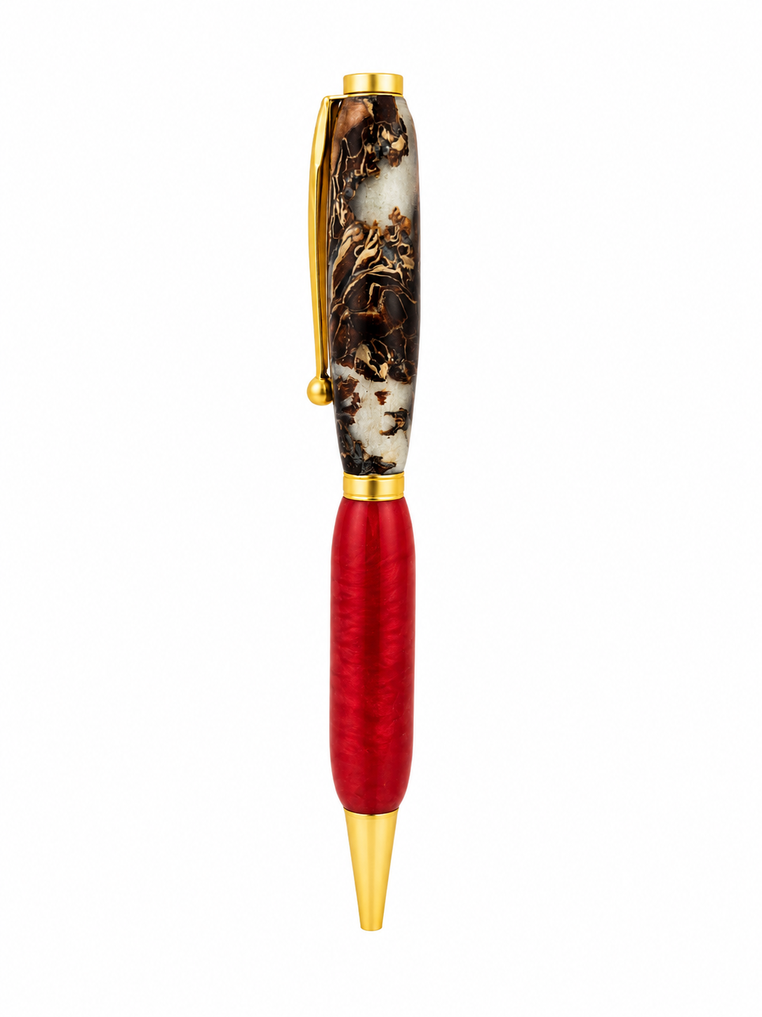 One-of-a-Kind Red Epoxy & Burl Wood Pen | Handmade Luxury Ballpoint Pen | Gold Executive Twist Pen - Image 5