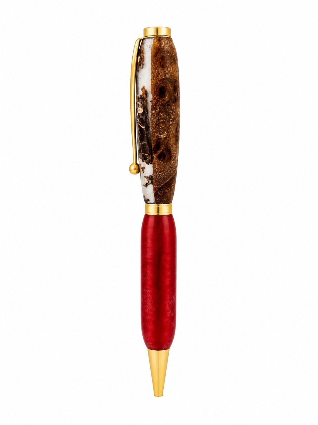 One-of-a-Kind Red Epoxy & Burl Wood Pen | Handmade Luxury Ballpoint Pen | Gold Executive Twist Pen - Image 6