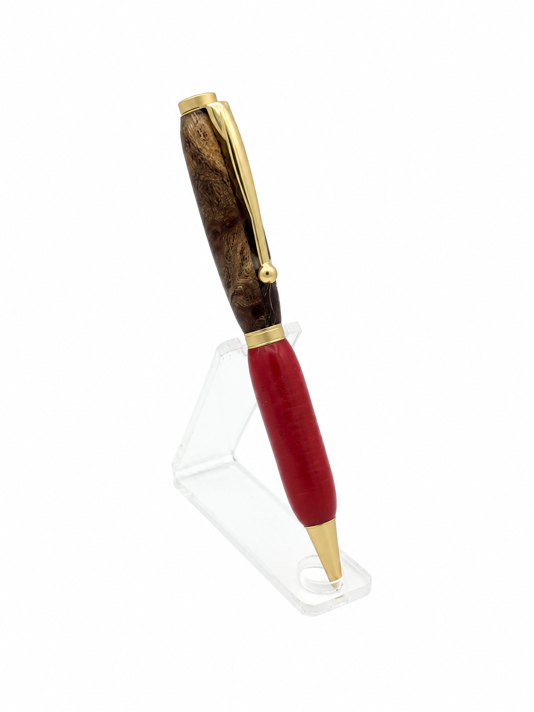 One-of-a-Kind Red Epoxy & Burl Wood Pen | Handmade Luxury Ballpoint Pen | Gold Executive Twist Pen - Image 2